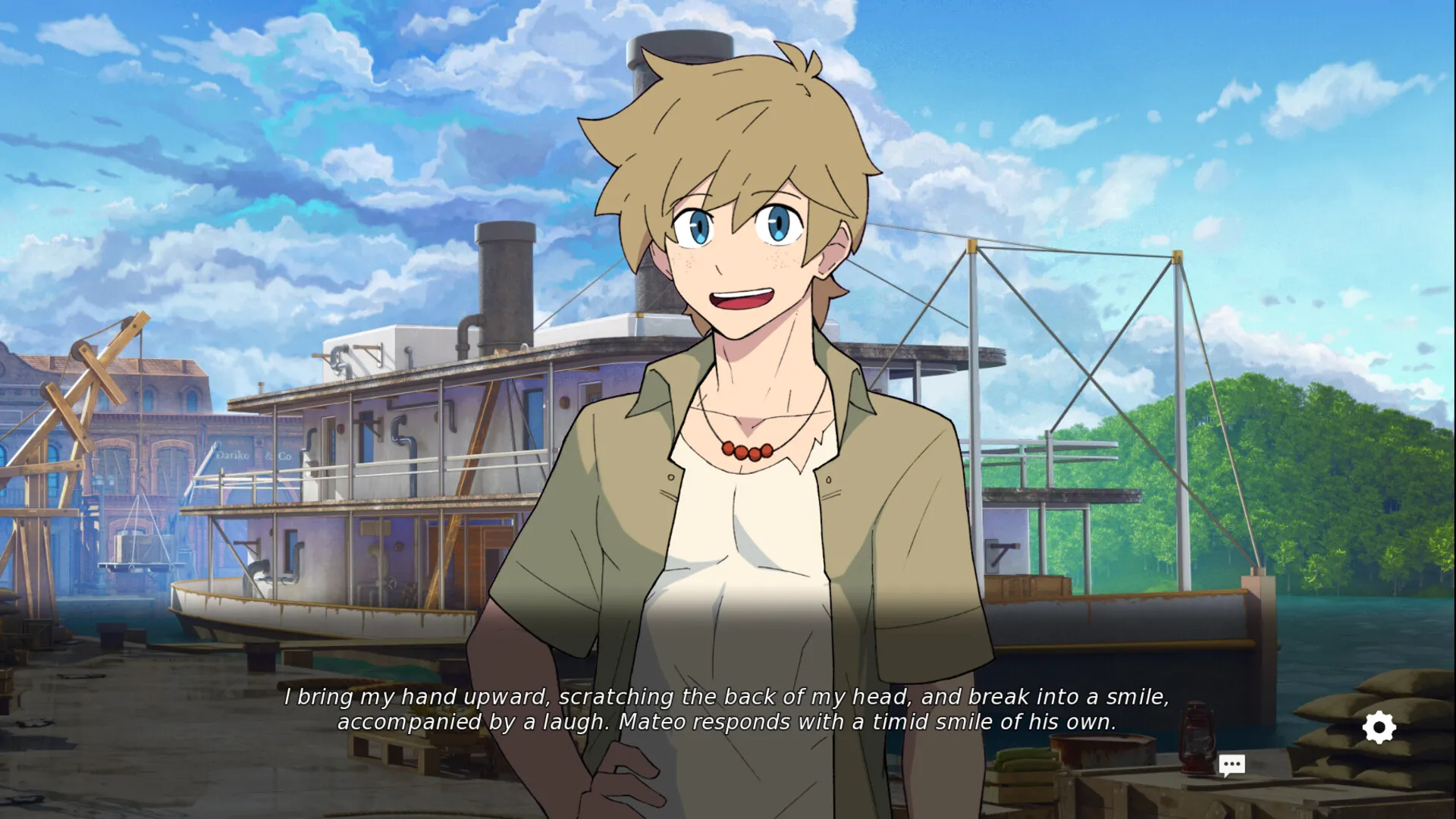 Visual novel scene showing a smiling blond young man standing at a riverside dock with a steamship and suspension bridge in the background under a blue sky. Dialogue text appears along the bottom of the screen.
