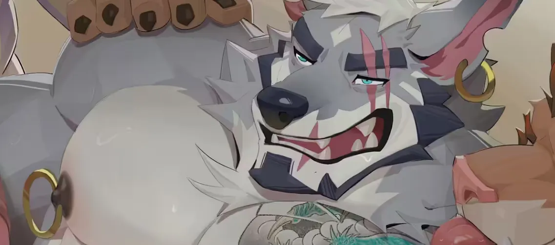 Furry bara visual novel scene featuring a confident wolf character with tattoos and piercings, smirking while surrounded by others.