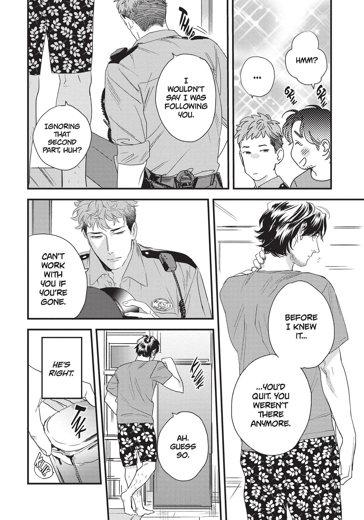 Manga page from "My Dearest Patrolman" Volume 1 showing a conversation between Seiji and Shin Nakamoto. Shin reflects on his decision to become a police officer and his reasons for wanting to work with Seiji. The scene conveys their deepening relationship and the personal sacrifices made, highlighted by Shin's thoughtful expressions and Seiji's contemplative stance.