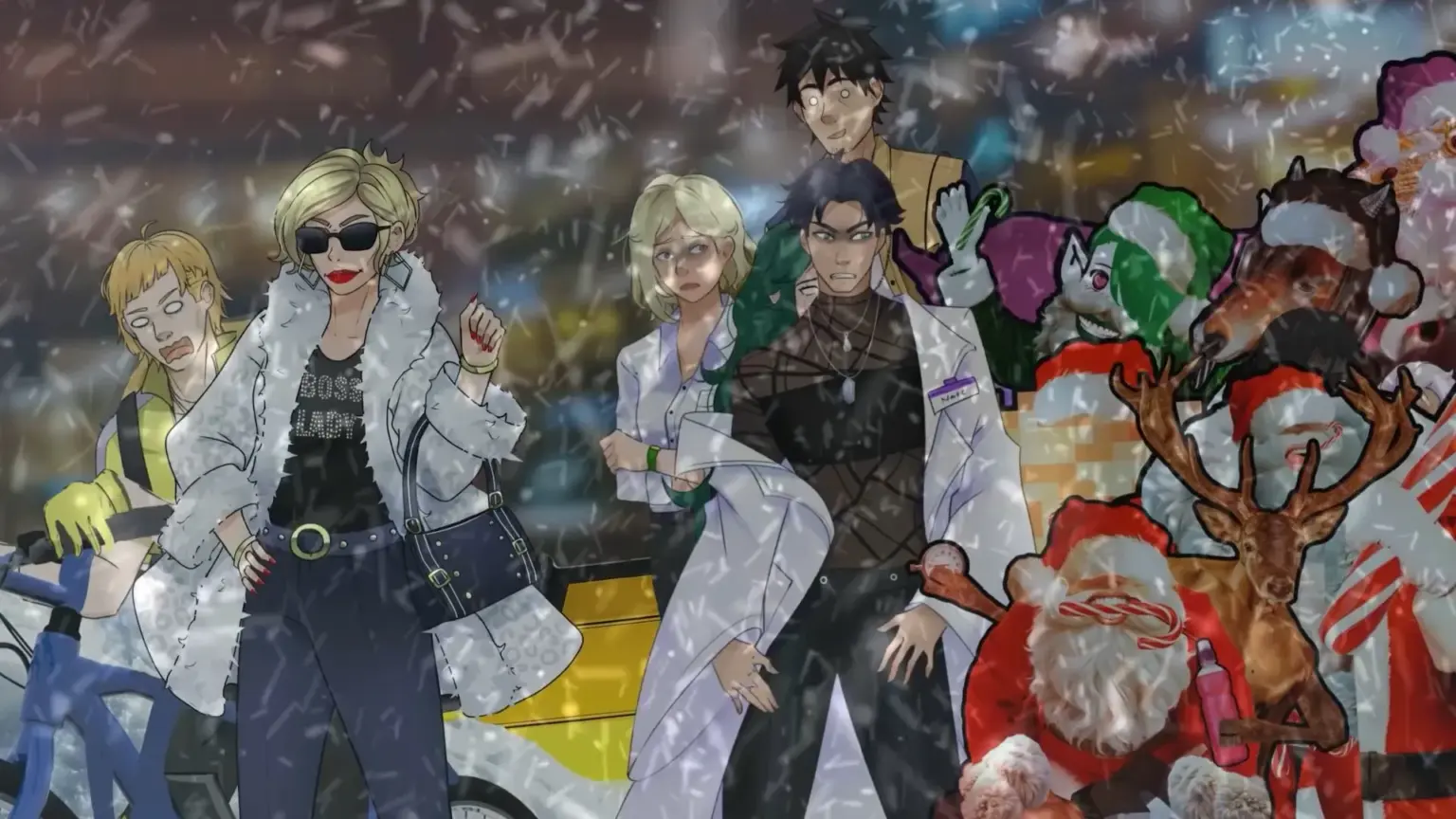 An illustrated winter street scene shows a group of characters standing together in heavy snowfall. They appear startled, tense, or confused as they cluster near a yellow taxi. Around them are strange holiday figures, including Santas, a reindeer, and mascot-like characters, blending festive imagery with an uneasy mood under the falling snow and city lights. Characters depicted are Lucas, Karen, Scarlett, Nate and Drake.