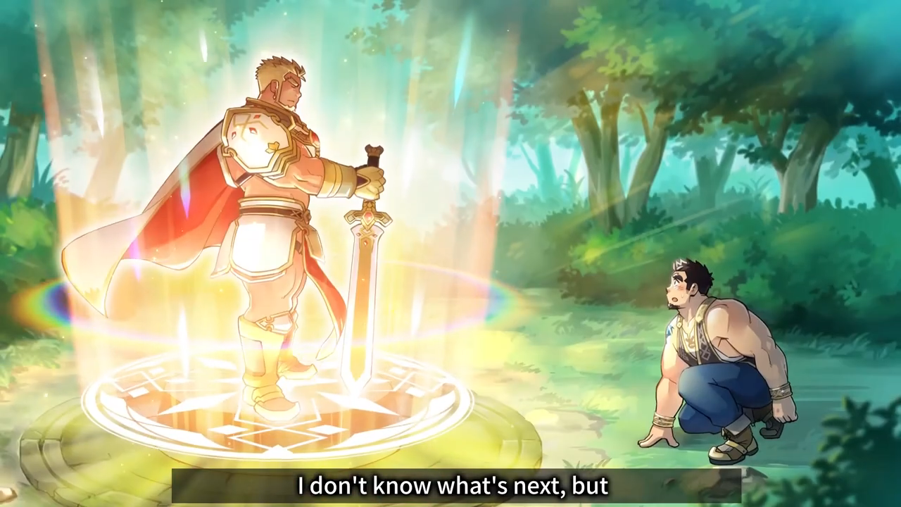 In a lush forest clearing, a muscular knight glowing with golden light stands confidently on a magical summoning circle while holding a sword. A surprised man kneels nearby, watching the knight with awe. The subtitle reads, “I don’t know what’s next, but.”