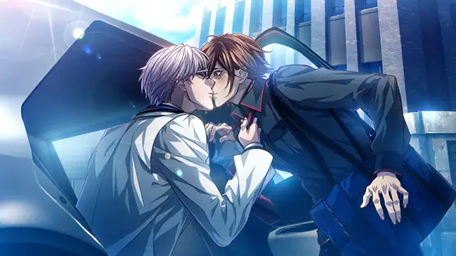  This dynamic image from Omega Vampire captures a moment of intense confrontation and passion. Two male characters are locked in a heated exchange, with one gripping the other’s collar, pulling them into a forceful kiss. Their contrasting expressions—one of dominance and the other of surprise—highlight the game’s themes of complex relationships and emotional tension. The cool blue lighting and urban background add to the dramatic and edgy atmosphere, emphasizing the high-stakes nature of their interaction.