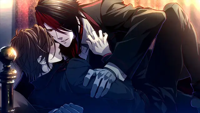  The image depicts an intimate and emotionally charged moment from Omega Vampire. Two male characters are shown in close proximity, with one leaning over the other in a protective or dominant stance. The character on top has striking red and black hair, his expression intense yet gentle, while the other lies beneath, appearing vulnerable. The warm lighting in the background contrasts with the dark tones of their clothing, highlighting the blend of passion, tension, and drama central to the game’s story.