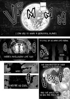 Black-and-white manga page showing Earth glowing in space with large sound effects “VRMMM.” An alien voice says, “I can see it! What a beautiful planet!” Panels show shadowy alien figures observing Earth: “There’s intelligent life here… it’s full of so many life forms.” Another replies, “Wait, we’re so close.” In the final panels, aliens remark on humans: “The distribution of their bodies is excellent. The male build looks big and beautiful.”