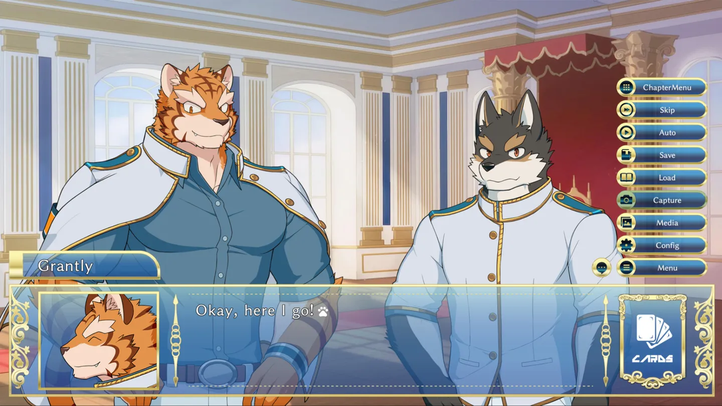 Furry bara visual novel Knights College gameplay screenshot featuring two anthropomorphic characters, a tiger and a wolf, dressed in academy uniforms having a conversation inside a grand hall.