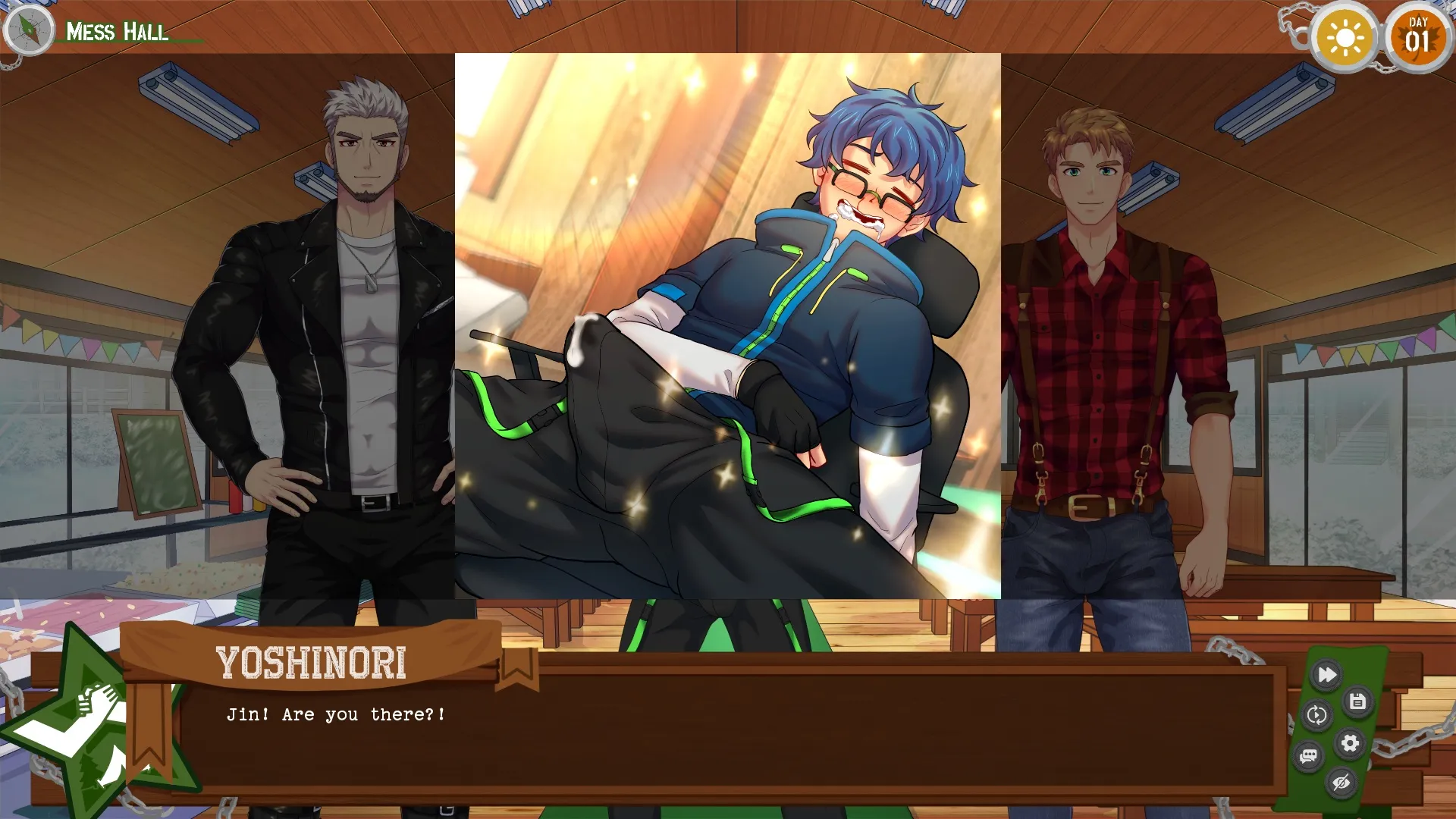 Camp Buddy: Scoutmaster Season scene showing Jin Hardon blushing and visibly aroused while being held on a chair in the Mess Hall, with Yoshinori and another counselor standing on either side. The moment has a flustered, intimate tone, emphasizing Jin’s vulnerability and embarrassment during the situation.