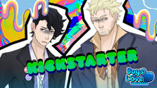Promotional image for Boardwalk Dad Detox Kickstarter, featuring Wagner and Jackie from the adult animated film. Wagner, with black hair in a suit, looks serious, while Jackie, blond and wearing a blazer, appears tired and stern. The psychedelic rainbow background with dripping paint highlights the film’s surreal style. Bold green text reads “Kickstarter,” with the Boys Love Universe logo in the corner.