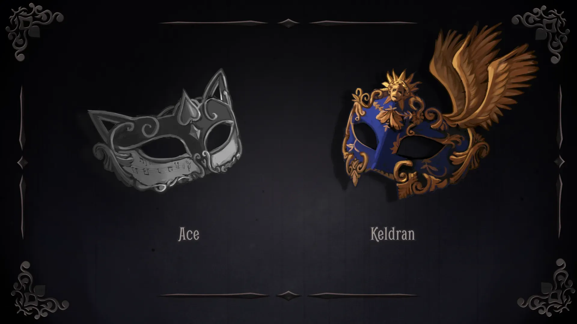 Character selection screen from DUFE: Masquerade displaying two ornate masks—one silver and cat-shaped labeled ‘Ace,’ and one blue and gold with feathers labeled ‘Keldran.