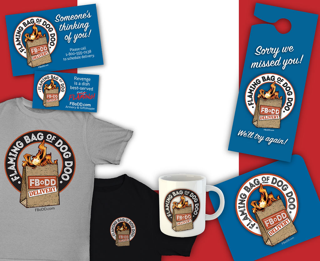 Revenge and gifts, funny and cheap: postcards, door hangers, magnets, mugs, mousepads, and shirts.