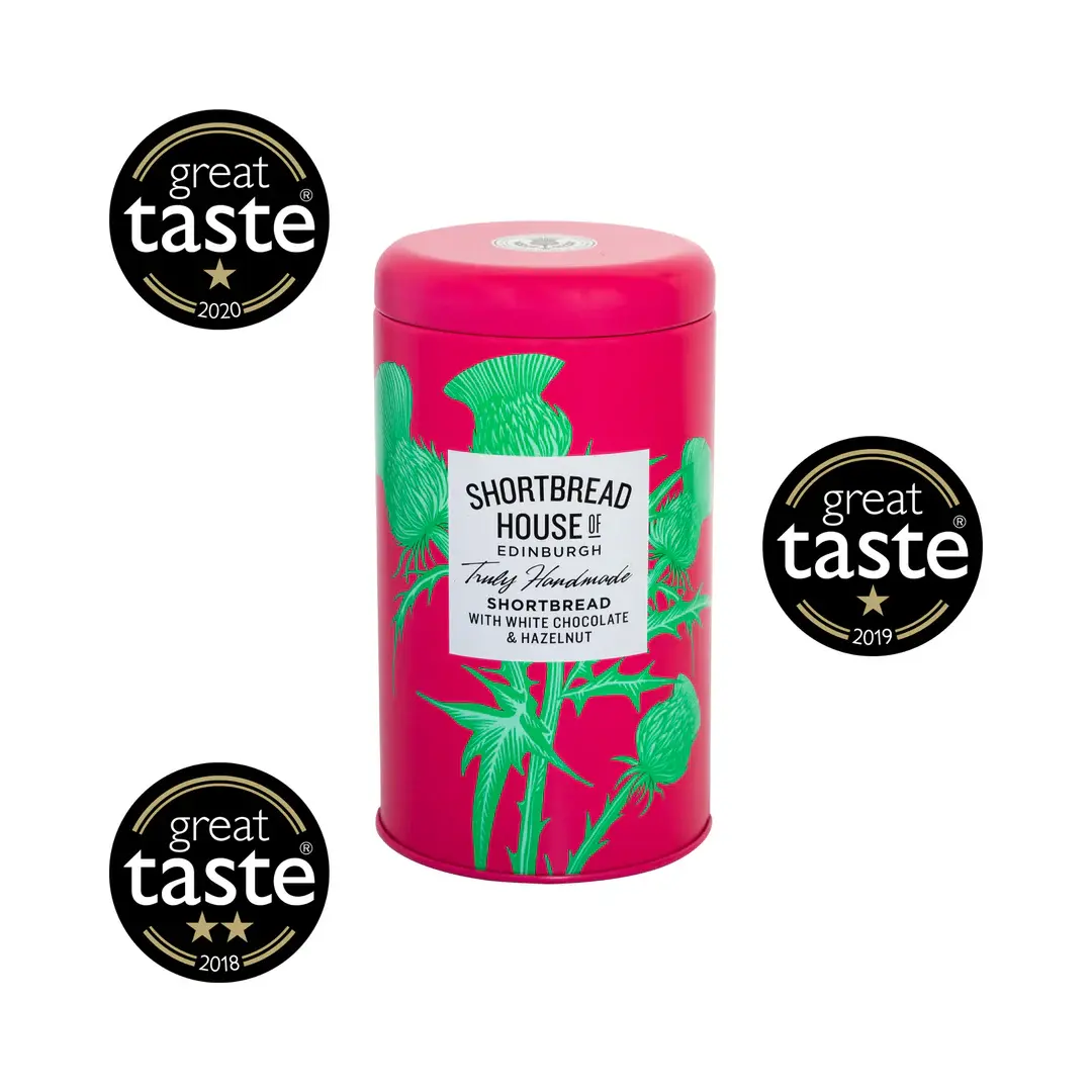 All Butter Shortbread With White Chocolate and Hazelnut 140g Tin