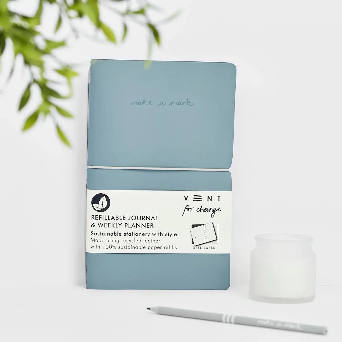 Dusty Blue Recycled Leather Refillable Journal Planner by Vent