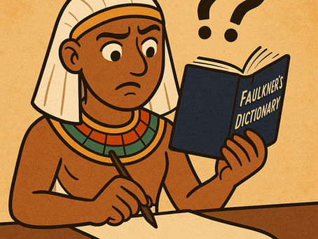 A cartoon showing an ancient Egyptian puzzling over a dictionary