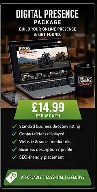 Advertisement for a "Digital Presence Package" featuring a laptop displaying a motorcycle website and a branded mug