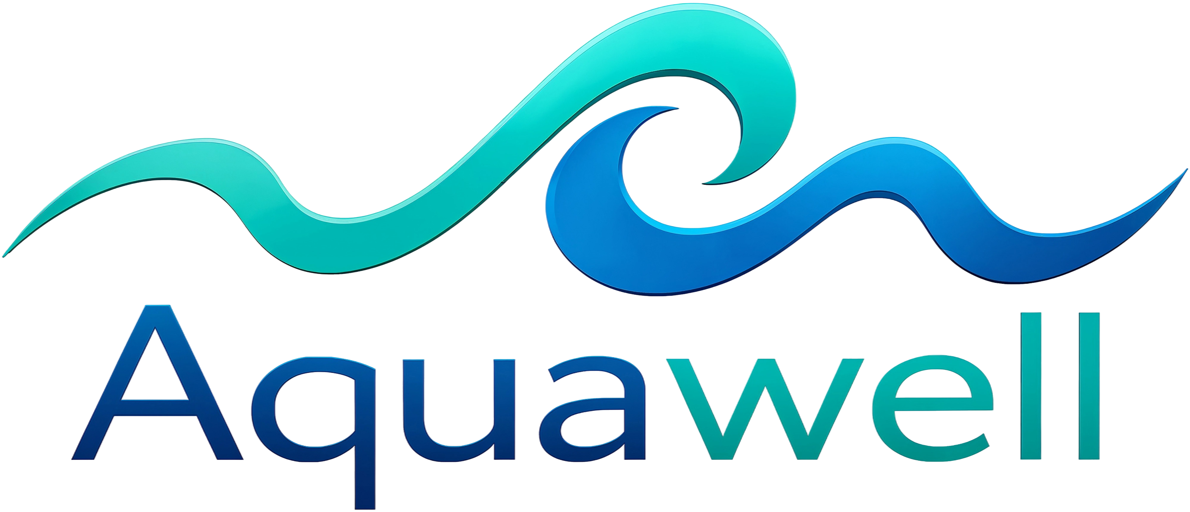 Logo Aquawell: 2 in sich greifende Wellen. Darunter der Text "Aquawell"