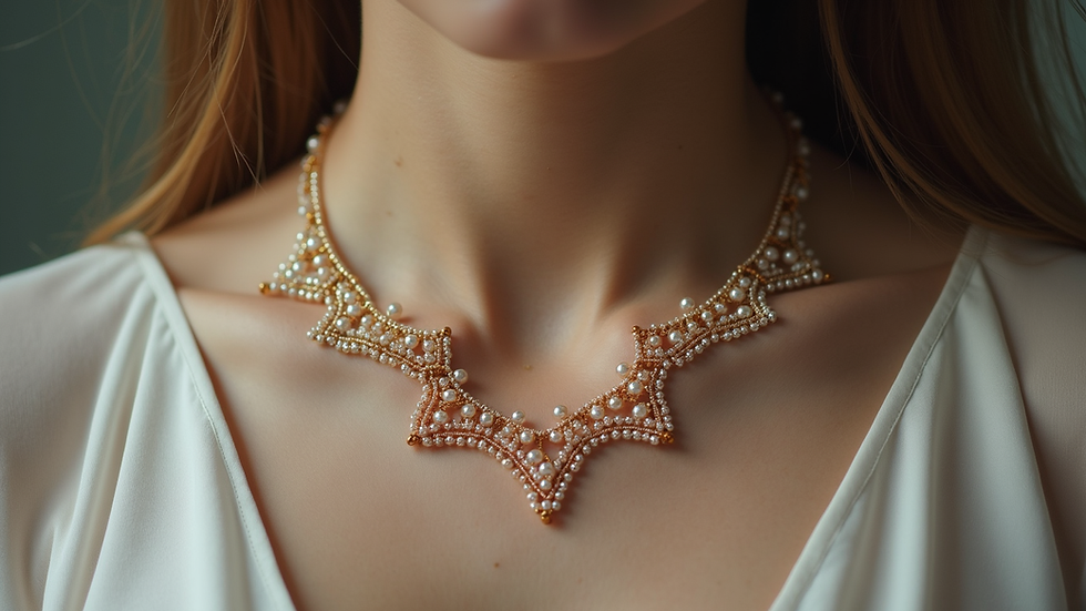 Close-up view of a delicate handmade necklace with intricate beadwork