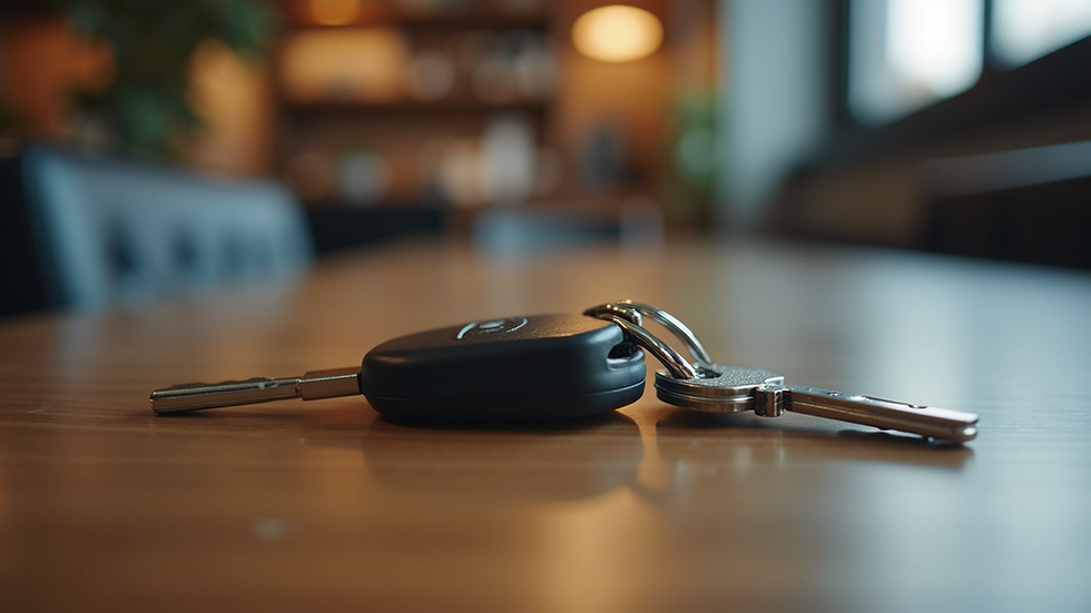 Eye-level view of a car key with a keychain on a wooden table