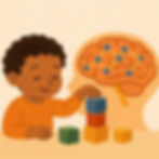 A young child stacking colorful blocks with a brain illustration in the background representing neural connections and early childhood brain development.