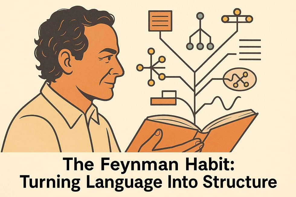 An illustration of Richard Feynman highlighting how reading transforms language into structured thinking—supporting children's cognitive development and deeper understanding.