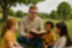 Teacher reading a book to young children outdoors, promoting learning, curiosity, and understanding in a natural setting.
