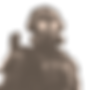 Cyborg Soldier standing at attention wearing a stahlhelm gas mask and glowing red goggles