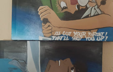 Woman holding a knife to a man's neck yelling at him while he whispers back
