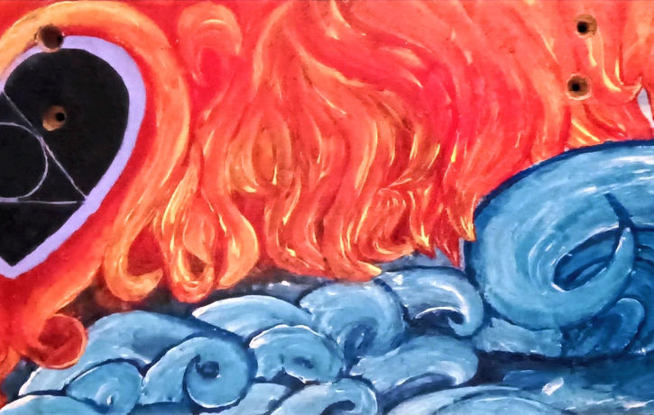 Black heart inside flames atop of waves of water