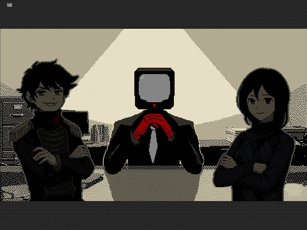 A pixel art scene depicting three figures in a dimly lit office. The central figure has a television for a head, while the two individuals on either side stand confidently with crossed arms.