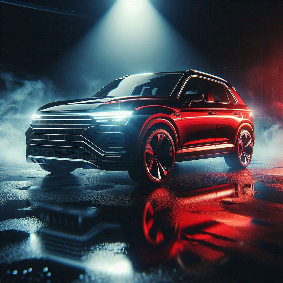 a red and black shiny car in a back background with a glowing headlight.png