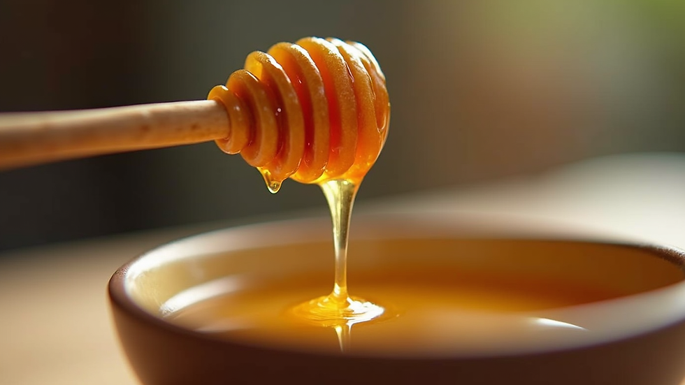 Eye-level view of a honey dipper dripping Manuka honey into a bowl