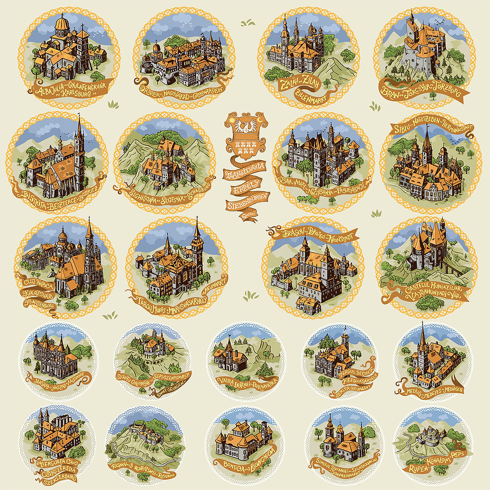 Illustrated map with circular vignettes of Transylvanian towns and landmarks. Includes important buildings, hills, and decorative text labels.