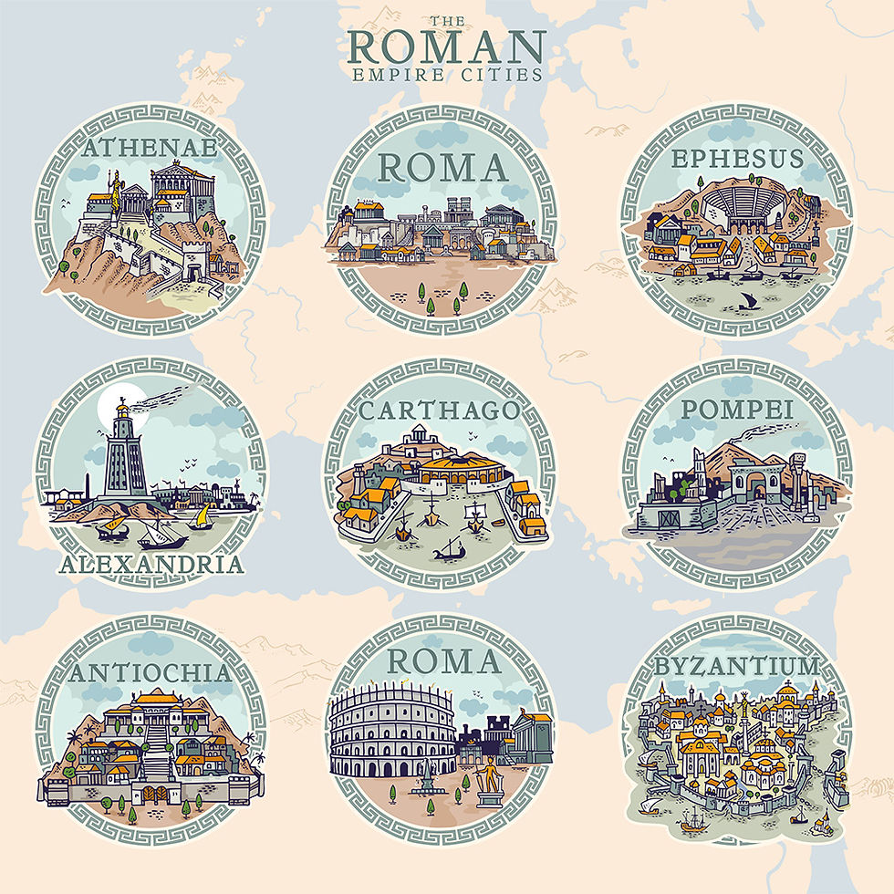 Map featuring illustrations of Roman Empire cities: Athenae, Roma, Ephesus, Alexandria, Carthago, Pompei, Antiochia, Byzantium. Pastel hues.