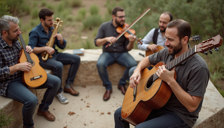 High angle view of a diverse group of musicians playing Israeli folk instruments