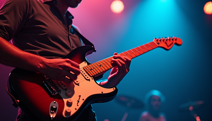 Close-up view of a modern Jewish musician performing with an electric guitar