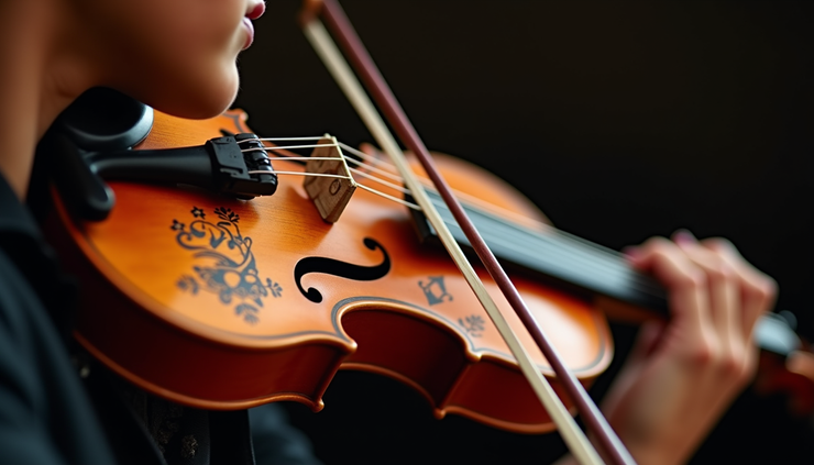 Eye-level view of a musician playing a traditional Jewish violin on stage