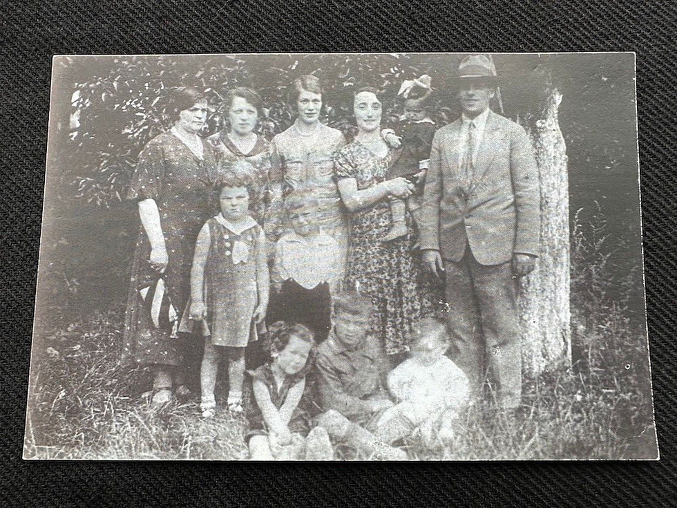 MT: In the back row: Aunt Róża, Mala's mother, Aunt Frania, Aunt Dora holding her daughter Idza, Uncle Marcus; children standing are cousin Mala and her brother Ben; children sitting in the front are Mala herself, cousins Shmulek and Genek, early 1930s in Sieradz