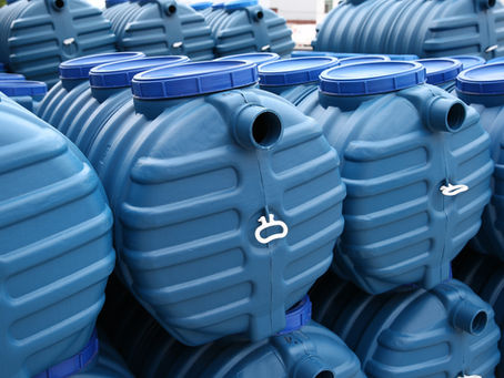 Stock of blue plastic septic tanks