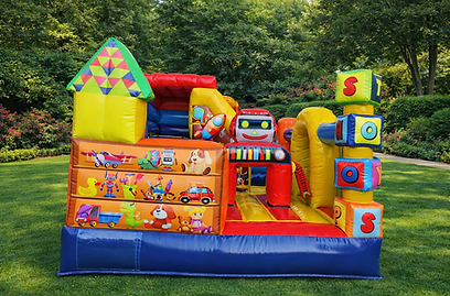 Château gonflable Toys avec toboggan et décor aux couleurs très vives, proposé à la location en Drôme et Ardèche.