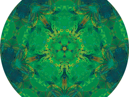 Das Bild zeigt einen grünen, runden Teppich in einem modern-barocken, ornamentalen Design. The picture shows a green, round carpet in a modern-baroque, ornamental design.