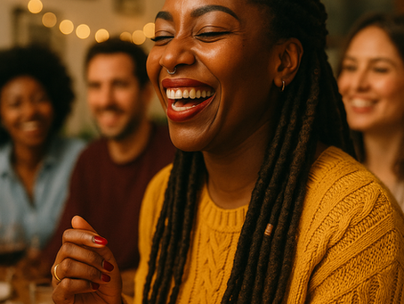 Woman surrounded by friends at a social gathering, laughing and radiating joy, symbolizing inner confidence.
