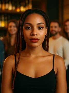 A confident dark-skinned woman with dreadlocks and piercings stands among a blurred crowd, symbolizing leadership and visibility.