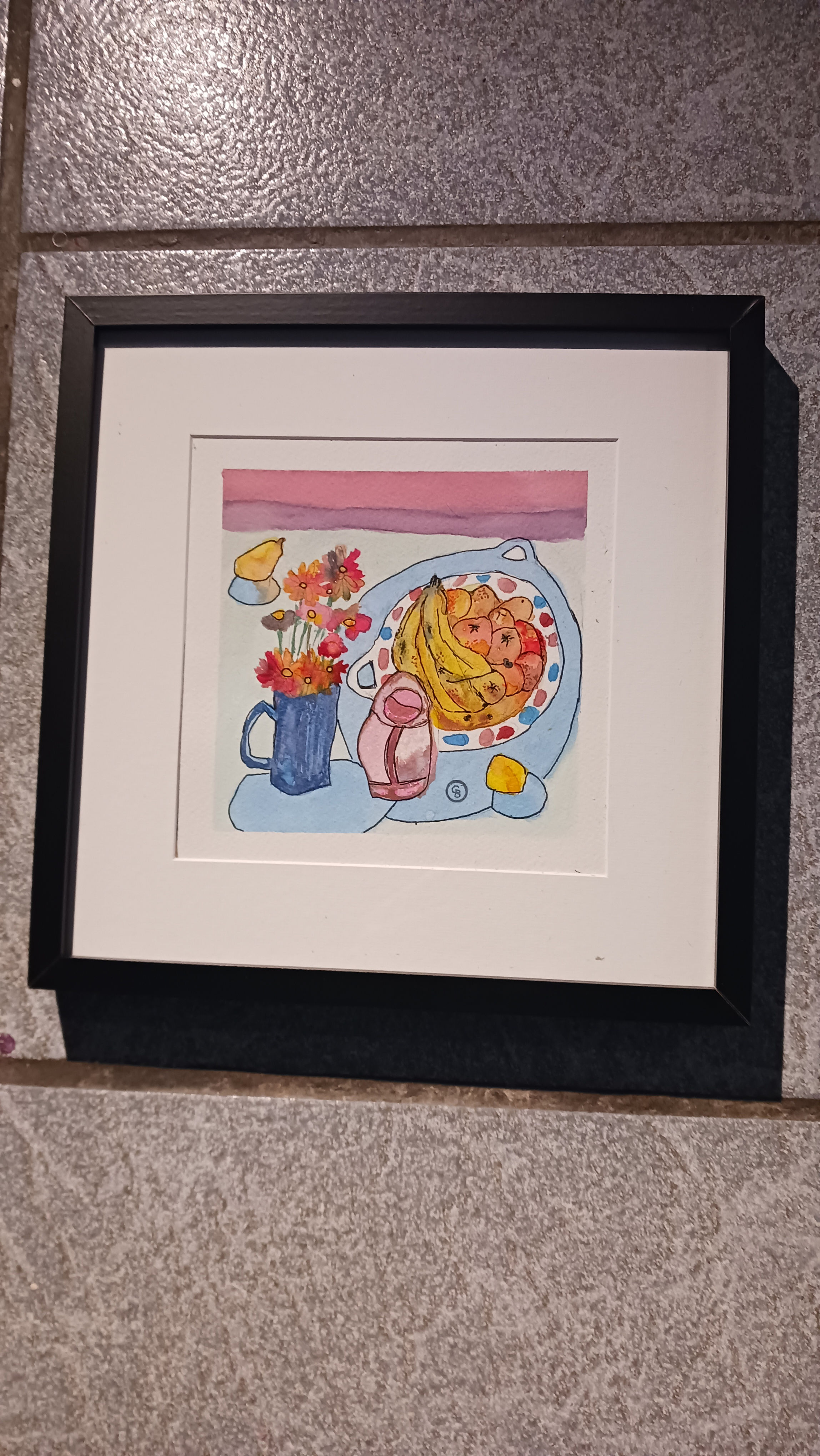 AQUARELLE FRUITS ET FLEURS +CADRE 30 X30