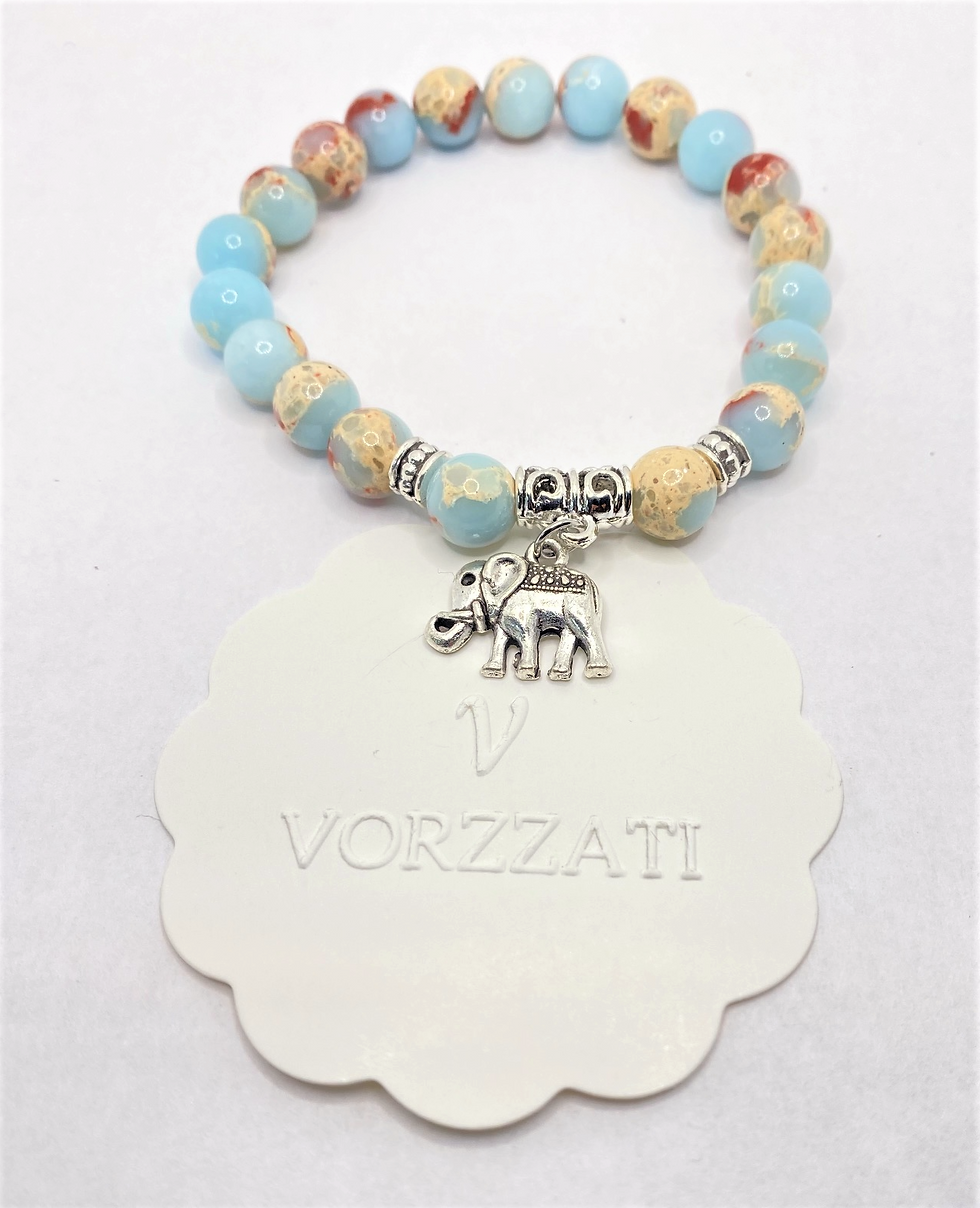 Thumbnail: Serpentine Gemstone Stretch Bracelet with Elephant Charm