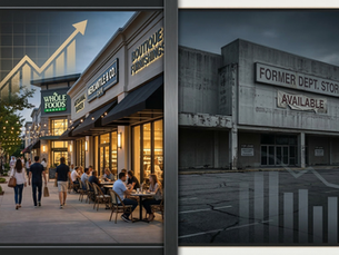Modern neighborhood retail center contrasted with partially vacant big-box retail space, illustrating the divide in retail real estate trends in 2026