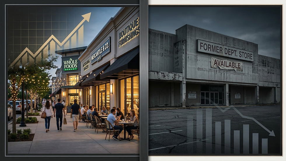 Modern neighborhood retail center contrasted with partially vacant big-box retail space, illustrating the divide in retail real estate trends in 2026