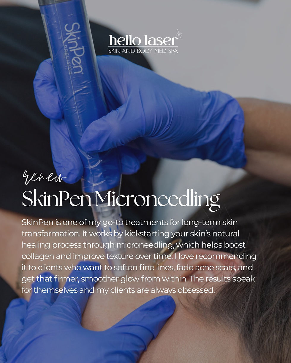 Gloved hands use a SkinPen for microneedling on a person’s forehead. Hello laser Skin and Body Med Spa.