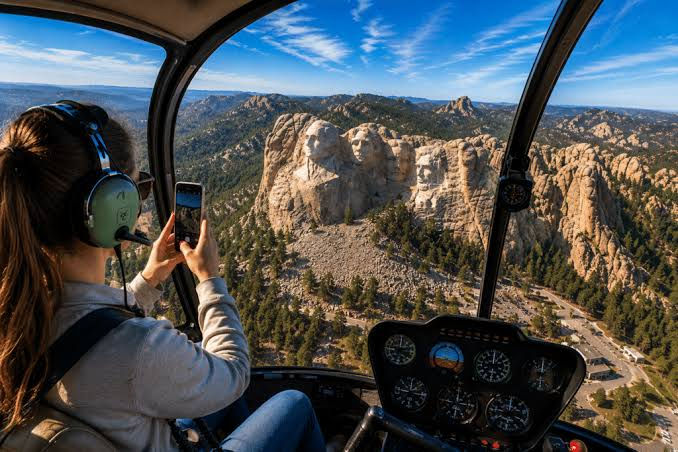 A breathtaking aerial view from a helicopter tour over Black Hills, capturing the stunning scenery and rugged terrain surrounding Black Elk Peak.