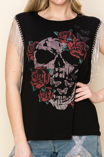 Rose-Skull Tank Top with Rhinestone Fringe | New Citylife USA
