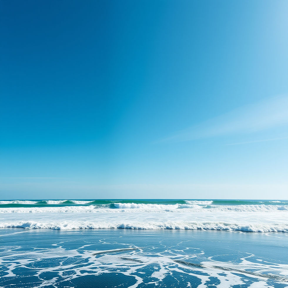 Sunlit ocean waves rolling onto a sandy beach beneath a clear blue sky, calm and open scene