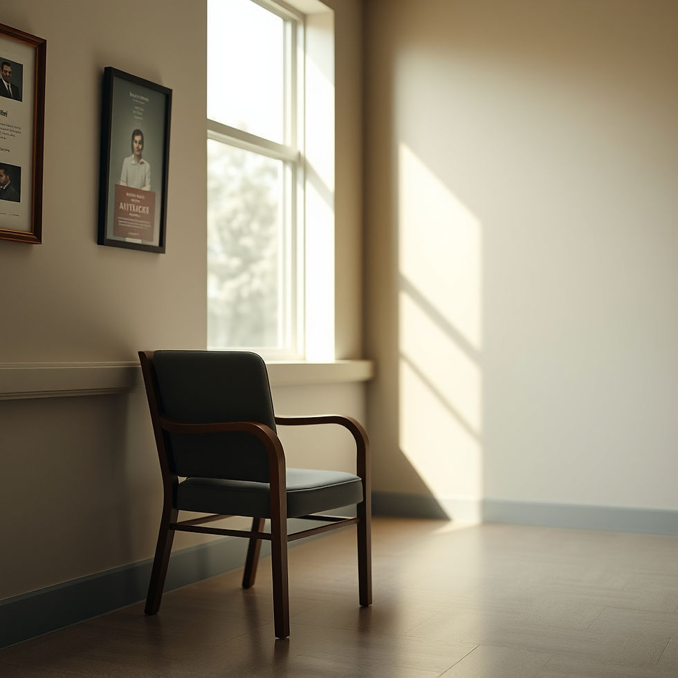 Empty dark chair by a sunlit window in a quiet office or waiting room, with framed posters on beige walls