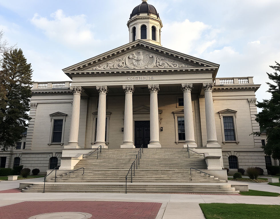 Historic courthouse with columns, wide steps, and dome under a cloudy sky; COURTHOUSE is engraved on the facade.